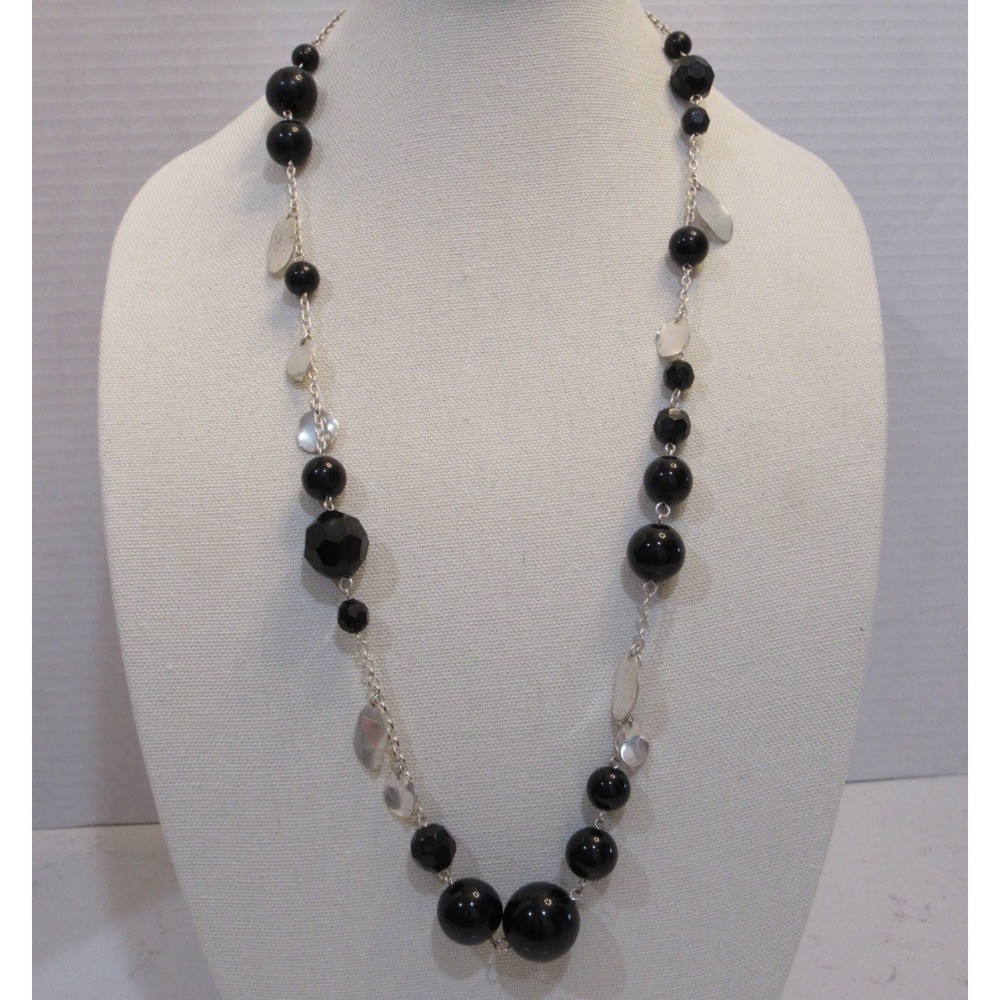 Vintage Black Beaded Silver Tone Necklace Hippie Retro Modest MCM Mid Century
